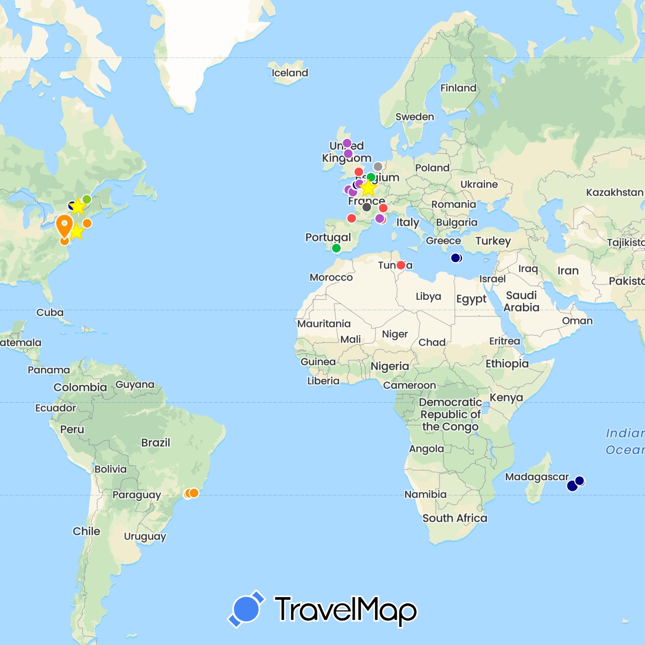 TravelMap itinerary: driving, bus, plane, cycling, train, hiking, hitchhiking, motorbike, electric vehicle, iris, anna, nina in Brazil, Canada, Spain, France, United Kingdom, Greece, Mauritius, Netherlands, Réunion, Tunisia, United States (Africa, Europe, North America, South America)